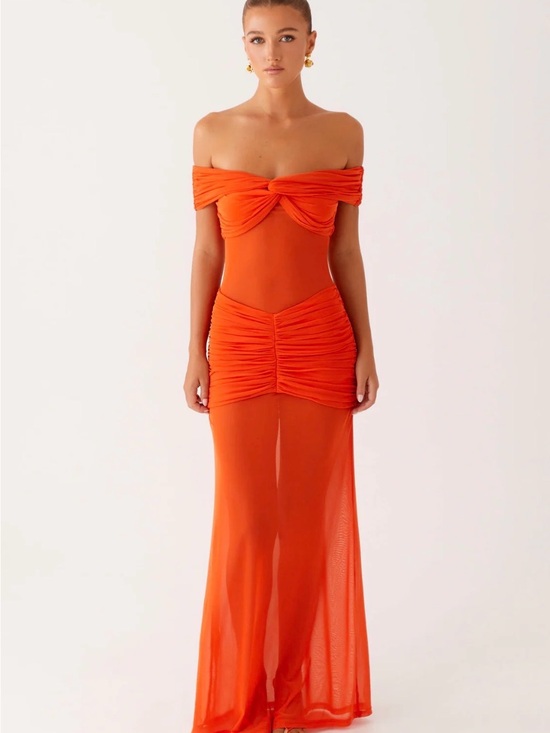 Peppermayo Dresses & Skirts - Off-Shoulder Orange Ruched Maxi Dress